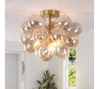 4-Light Brass Bubble Glass Semi-Flush Ceiling Light Fitting, 17 Cognac Egg Glass Globes E14 Dimmable Lamp Holders, Modern Luxury Bubble Ball Ceiling Lamp for Bedroom Living Room Dining Room Hallway