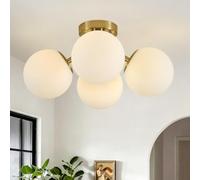 4-Light Brass Ceiling Light for Living Room with Opal Glass Globe Shade | Modern Semi Flush Ceiling Lights for Bedroom, Hallway, Kitchen, Dining Room, G9 Bulb Base, Soft Diffused Lighting, Gold