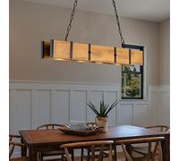 4-Lights Rustic Farmhouse Chandelier - 3 Color Dimming, Pool Table Light Pendant Lighting Fixtures, Wood Kitchen Island Light with LED 5W Downlight for Dining Table, Island, Billiard