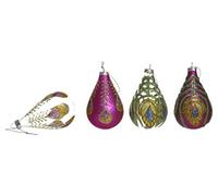 4 Luxury large Christmas Peacock design Glass Teardrop shape Baubles Box set