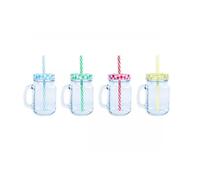 4 Mason Drinking Glass Jars Embossed Design - Red, Blue, Green, Yellow - Summer Party Cocktail BBQ Lid Reusable Straws