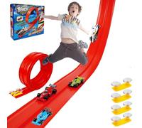 4 Meter Flex Race Car Ramp Track with Suction Cups, Lexible Race Track Toy Set, Portable Roll-Up Car Track with 1:64 Diecast Cars Birthday Christmas for Boys Girls Ages 3+ (Red)