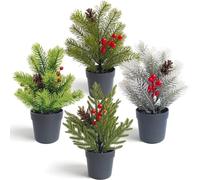 4 Mini Artificial Christmas Trees in Pot,Xmas artificial potted plants | Frosted Snowy Pine Tree Tabletop Mini Fake Plants with Berries & Pine Cones for Mantel Xmas Centrepiece Indoor Winter Decor