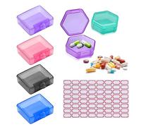4 Mini Square Pill Boxes, 2 Hexagonal Pill Boxes, 1 Label Sticker, Waterproof and Moisture-Proof Portable Pill Box for Travel Business Travel Sports (5 Colors)
