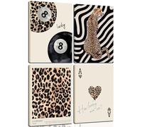 4 Modern Leopard Wall Canvases, Cheetah Design, Elegant Leopard Room Wall Decor, Lucky Ace Cards, 8 Balls, Pictures for Girls, Bedroom, Apartment