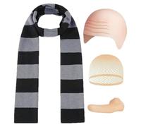 4 P-cs Halloween Cartoon Cosplay Costume Accessories, Gru Costume With Bald Cap, Fake Nose, Wig Cap, Striped Scarf, Bald Cap And Striped Scarf Long Nose For Halloween Fancy Dress Pa-rty, On-e Size