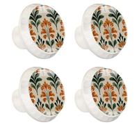 4 Pack 1.37" Dresser Drawer Knobs, Round Crystal Glass Cabinet Pulls with Screws for Kitchen, Bathroom, Nursery Kids Room (Tropical Orange Floral with Sage Green Stems)