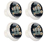 4 Pack 1.37" Dresser Drawer Knobs, Round Crystal Glass Cabinet Pulls with Screws for Kitchen, Bathroom, Nursery Nursery Kids Room (Cute Baby Elephants with Flowers and Leaves on Teal Background)