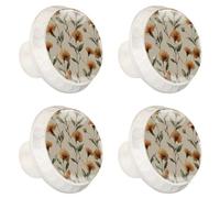 4 Pack 1.37" Dresser Drawer Knobs, Round Crystal Glass Cabinet Pulls with Screws for Kitchen, Bathroom, Nursery Kids Room (Cute Orange Flowers with Petals and Sage Green Stems)