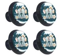 4 Pack 1.37" Dresser Drawer Knobs, Round Crystal Glass Cabinet Pulls with Screws for Kitchen, Bathroom, Nursery Kids Room (Cute Baby Elephants with Flowers and Leaves on Teal Background)