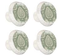 4 Pack 1.37" Dresser Drawer Knobs, Round Crystal Glass Cabinet Pulls with Screws for Kitchen, Bathroom, Nursery Nursery Kids Room (Sage Green Flowers Leaves and Dots Pattern)