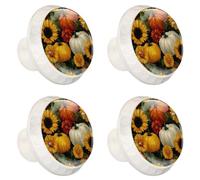 4 Pack 1.37" Dresser Drawer Knobs, Round Crystal Glass Cabinet Pulls with Screws for Kitchen, Bathroom, Nursery Nursery Kids Room (Thanksgiving Fall Harvest Festival Pumpkins and Sunflower Flowers)