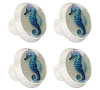 4 Pack 1.37" Dresser Drawer Knobs, Round Crystal Glass Cabinet Pulls with Screws for Kitchen, Bathroom, Nursery Kids Room (Art Blue Seahorse Pattern)
