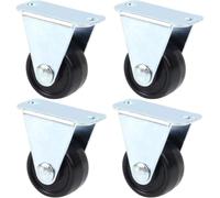 4 Pack 1 Inch Rubber Fixed Castor Wheels Small Plate | Set of four 1-inch fixed castor wheels with metal plates and black rubber rollers for smooth mobility under furniture.