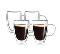 4-Pack 12 Oz Double Walled Glass Coffee Mugs with Handle, Insulated Layer Coffee Cups, Clear Borosilicate Glass Mugs, Gift for Cappuccino,Tea,Latte,Espresso,Hot Beverage,Wine, Microwave Safe, Set of 4