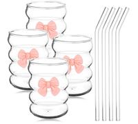 4 Pack 12 OZ Pink Bow Glass Cup with Straws Iced Coffee Cups Ripple Glass Drinking Tea Juice Cup Water Glasses Tumblers Bows Inspired Coquette Wave Shape Cute Mugs for Women Christmas Birthday Gift