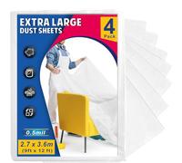 4 Pack 12x10FT Extra Large Plastic Dust Sheets for Decorating - 3.6M x 3M - Plastic Dust Sheets for Painting - Clear Plastic Sheet for Furniture and Floor - Decorating Sheet - Polythene Sheeting