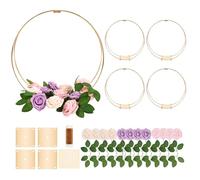 4 Pack 14 Inches Metal Double Floral Hoop Wedding Centerpiece Set with 36Accents-12 Butterfies, 12 Flowers, 12 Leaves + 35Yd Wire & 100 AdhesiveDots,Craft Centerpiece Table for Decorations Gold