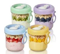 4 Pack 17oz Overnight Oats Jars, Overnight Oats Container with Lid and Fold Spoon, arge Capacity Glass Jars with Handheld circular ring Screw lids,Airtight Breakfast Jar, Yogurt Pot for Homemade Oatme