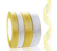4 Pack 20mm&10mm Gift Wrap Ribbon 88m Gold Silver Glitter Organza Ribbon for Christmas Tree Wrapping Gift Craft - 4 x 22m