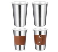 4 Pack 20oz Pint Cups with 2 Cup Sleeves, Stainless Steel Cups, Stackable Metal Cup Tumbler, Premium Metal Drinking Glasses for Cold Drinks, Chilling Beer Glasses for Party Camping (4 PCS, Silver)