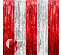 4 Pack 3.2Ft x 8.2Ft Red and Silver Fringe Curtain Backdrop, Metallic Tinsel Foil Fringe Streamers Curtains Background for Photo Booth Wedding Circus Welcome Carnival Birthday Party Decoration