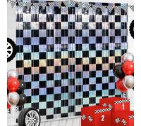 4 Pack 3.3Ft x 6.6Ft Race Car Checkered Foil Fringe Curtain Backdrop Decorations, Black Iridescent Metallic Tinsel Foil Streamers Curtain Photo Booth for Race Car One Happy Dude Birthday Party Decor