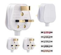 4 Pack 3 Pin Plug UK 13 Amp Plugs White Plug Fused Mains Plugs with 3A 5A 7A 10A 13A Domestic Fuses Kit