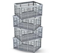 4 Pack 32L Foldable Plastic Storage Crate Box Basket Grey Stackable Folding Container For Home Car Garage Office And Utility Use