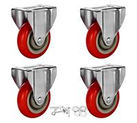 4 Pack 4" Caster Wheels On Red Polyurethane Wheels Top Plate Non Swivel Rigid Fixed Stationery with Hardware