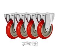 4 Pack 5" Caster Wheels On Red Polyurethane Wheels Top Plate Non Swivel Rigid Fixed Stationery with Hardware