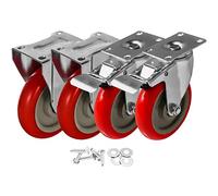4 Pack 5" Caster Wheels Swivel 360 Degree 2 with Brake Swivel and 2 Rigid Non Swivel Fixed Stationery Combo On Red Polyurethane Wheels with Hardware