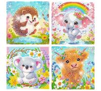 4 Pack 5D Cartoon Diamond Art Kits for Adults Beginners, 15 × 15 cm Hedgehog Elephant Koala Cow Diamond Art Painting Kits, DIY Funny Cute Animal Diamond Gem Art for Girl Boy Christmas & Birthday Gifts