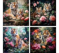 4 Pack 5D Flower Diamond Painting Kits, Full Drill Square Small Diamond Art Diamond Painting Tiger Picture, DIY Embroidery Cross Stitch Kits Adults Crystal Art Kits for Home Wall Decor 20x20cm ZF-3226