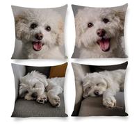 4 Pack 65x65cm (26x26 Inch) Square Linen Cushion Covers White Dog Pattern Pillow Covers Set with Zipper Closure, Machine Washable & Wrinkle Resistant Sofa Bed Throw Pillow Covers for Home Decor Q6001