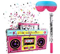 4 Pack 80s 90s Radio Boombox Set Includes Boombox for Pinata and Bat Stick Blindfold Colored Confetti for 80s 90s Nostalgia Hip Hop Theme Party Supplies