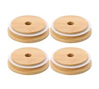 4 Pack 86mm Wide Mouth Bamboo Mason Jar Lids with Straw Hole Reusable Bamboo Caps Leak-Proof Glass Canning Drinking Storage Jars Lid
