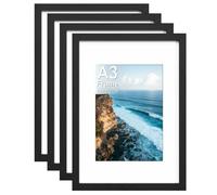 4 Pack A3 Picture Frames, Black Wooden Photo Frames with Mount for A3/A4 Prints, Shatterproof Plexiglass, Wall Mountable Portrait or Landscape for Home Office Decor, Gallery Walls