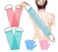 4 Pack African Net Sponge and Exfoliating Glove Set, 2 Pieces Shower Sponge with Handle Body Back Scrubber and 2 Pairs Exfoliate Gloves, Durable Nylon Suits for Daily Bathing for Women and Men