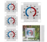 4 Pack Analogue Window Thermometer 7.5x7.5cm, Weatherproof Self-Adhesive Outdoor Thermometer with Red & Blue Dials, for Transparent Surfaces, Accurate Temperature Measurement