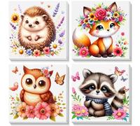 4 Pack Animal Paint by Numbers for Children with Wooden Frame Ages 4-8-12 | Owl Fox Hedgehog Raccoon Paint by Numbers Kids, DIY Painting by Numbers Acrylic Oil Canvas for Home Wall Decor (8X8 inch)