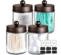 4 Pack Apothecary Jars Bathroom Vanity Storage Organizer Set -Countertop Canister with Stainless Steel Lids &Cute Stickers - Qtip Dispenser Holder for Qtips,Cotton Swabs,Makeup Sponges (Bronze)