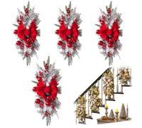 4 Pack Artificial Christmas Teardrop Swag, Stair Teardrop Swag Wreath, Christmas Staircase Decoration, Xmas Hanging Swag for Home Holiday Decor (Red 4 PCS)