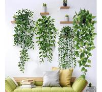4 Pack Artificial Hanging Plant with Pots - Realistic Green Plants Flowers, Fake Potted Plants with Mandala Vine, Eucalyptus, Pea pod Leave, Ivy Vine for Office Decor, Living Room, Farmhouse