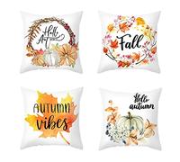 4 Pack Autumn Pillow Case Pumpkin Cushion Covers Hello Autumn Pillow Cover Decorative Maple Leaf Square Pillow Cover for Welcome Autumn Thanksgiving Halloween Festival Decoration(18x18