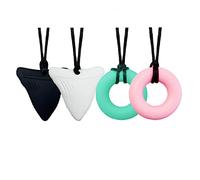 4 Pack Baby Chewing Teether Necklace, Soft Sensory Nursing Tools Silicone Shark Tooth Shape and Donut Shape Chewelry Pendant for Adult & Small Baby to Wear