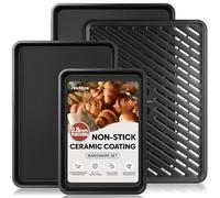 4 Pack Baking Trays Non Stick, Carbon Steel Cookie Sheets for Baking with Wire Rack, Cooling Racks for Cooking and Baking, 0.8mm Thick Ceramic Half/Quarter/Jelly Roll Baking Sheet Pan Set for Oven