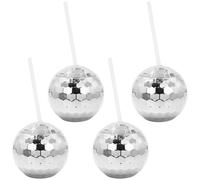 4 Pack Ball Cups Reusable Silver Ball Tumbler Glitter Flash Ball Wine Cocktail Cup with Lids & Straws Mirror Syrup Tea Bottle Supplies for Nightclub Bar