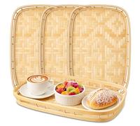 4 Pack Bamboo Wicker Serving Tray Hand Woven, Rectangular Serving Trays | Hand-Woven Handcrafted Bamboo Wicker Woven Tray with Handle, Wicker Bamboo Lap Trays for Eating Breakfast, Farmhouse Decor