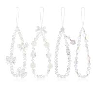 4 Pack Beaded Phone Bracelet Strap Crystal Butterfly Flower Pearl Charms Strap Colorful Acrylic Beads Charm Wrist Strap Handmade Mobile Phone Chain for Women Anti-Lost Lanyard